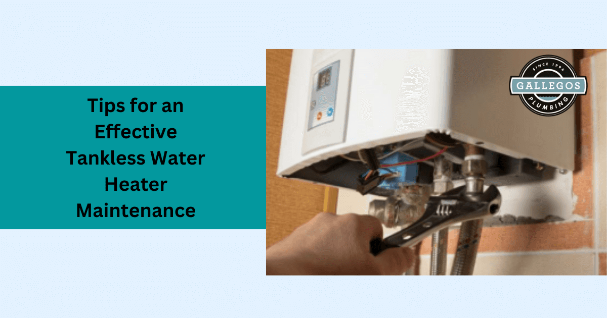"Tips for Tankless Water Heater Maintenance" Text With Photo of Water Heater Maintenance Being Performed by Technician